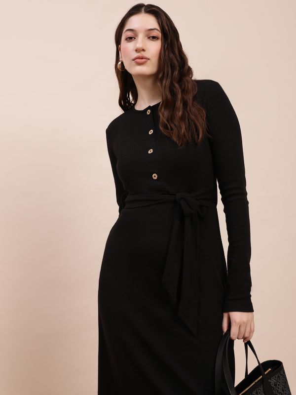 Globus Women Black Self-Design Rib Round Neck Long Sleeves Belted A-Line Midi Dress