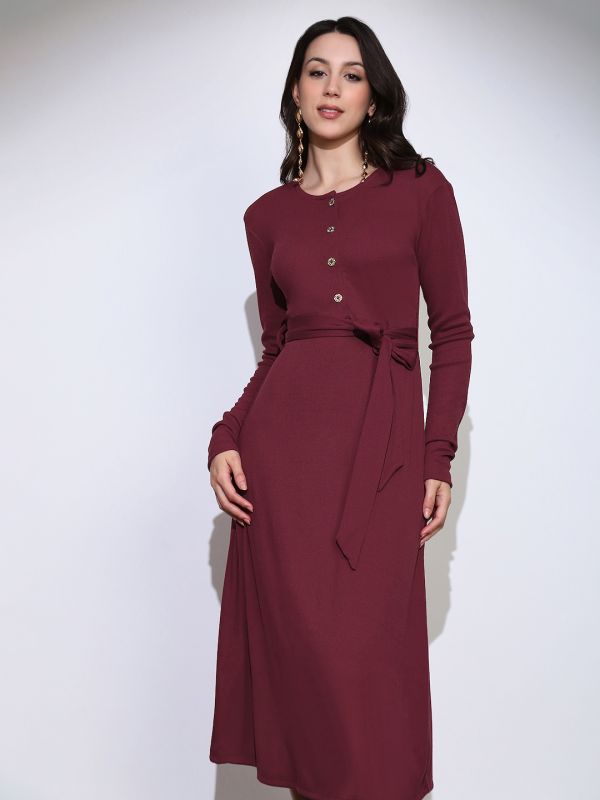 Globus Women Maroon Self Design Round Neck Long Sleeves Fit & Flared Ribbed Belted Midi Dress