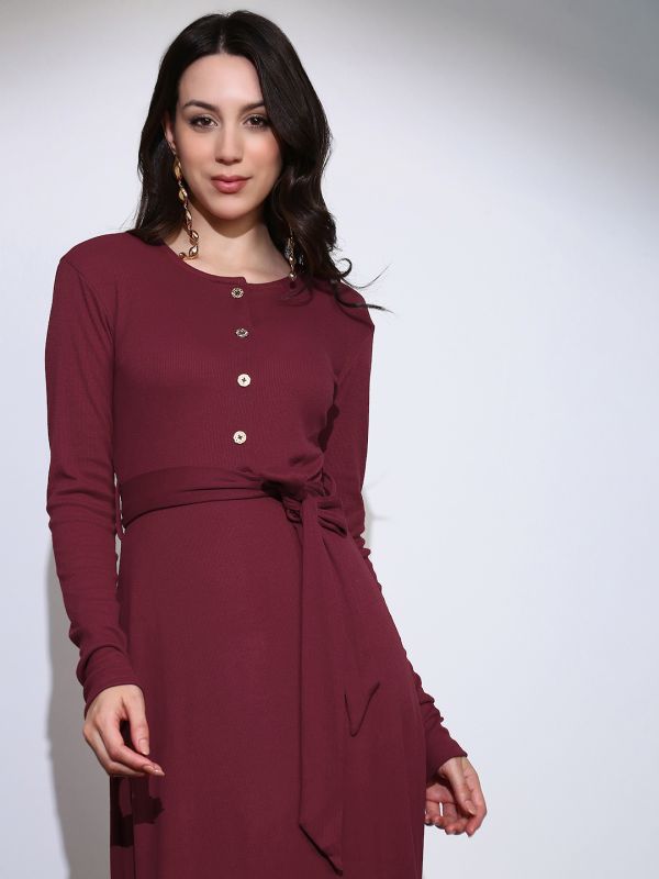 Globus Women Maroon Self Design Round Neck Long Sleeves Fit & Flared Ribbed Belted Midi Dress