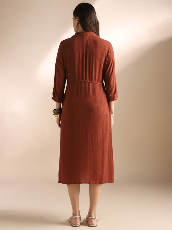 Globus Women Rust Self Design Collared Neck Waist Tie-Ups Shirt Style Fit & Flare Midi Workwear Dress