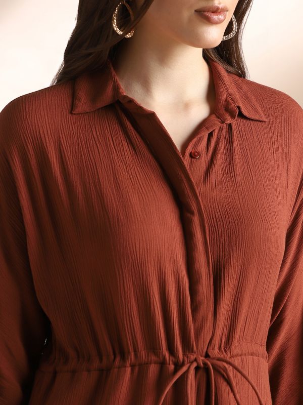 Globus Women Rust Self Design Collared Neck Waist Tie-Ups Shirt Style Fit & Flare Midi Workwear Dress
