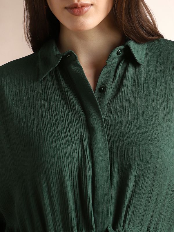 Globus Women Green Self Design Collared Neck Waist Tie-Ups Shirt Style Fit & Flare Midi Workwear Dress
