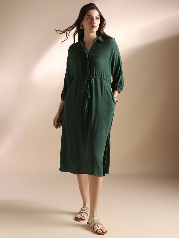 Globus Women Green Self Design Collared Neck Waist Tie-Ups Shirt Style Fit & Flare Midi Workwear Dress