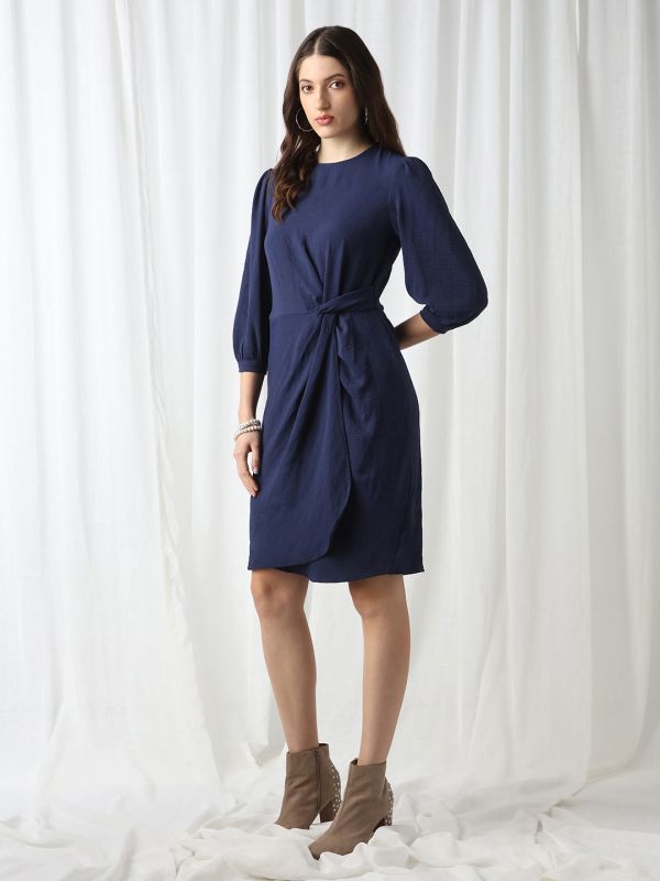 Globus Women Blue Round Neck Puff Sleeves Self Design Twisted Detail Mini Workwear Sheath Dress