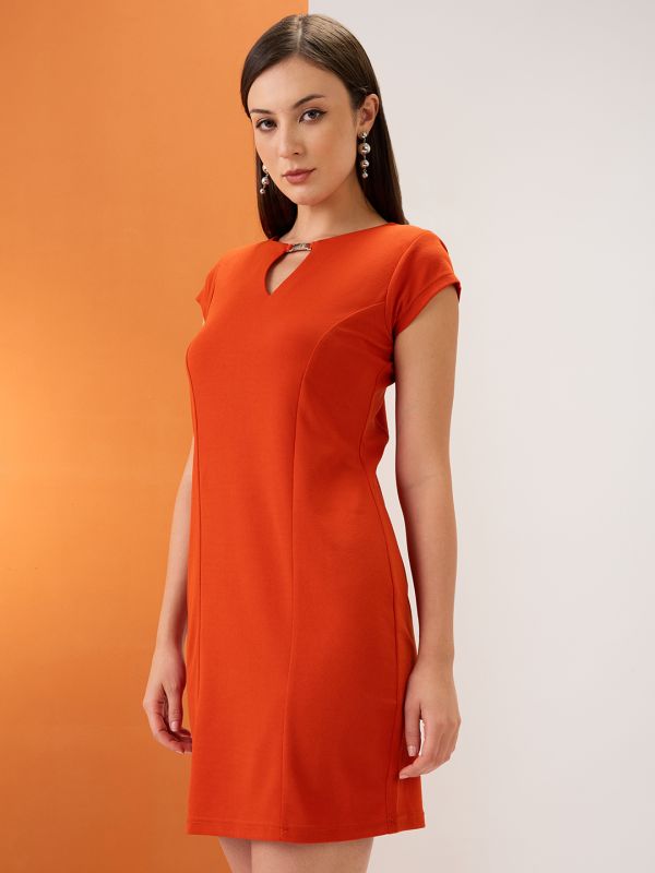 Globus Women Rust Keyhole Neck Short Sleeves Mini Sheath Workwear Dress