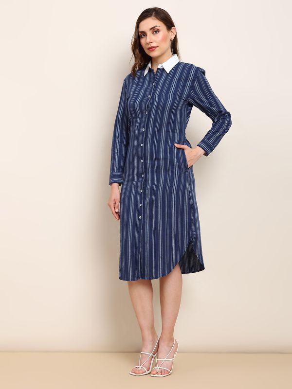 Globus Women Blue & White Striped Print Collared Neck Cuffed Sleeves Curved Hem Shirt Style Midi Workwear Dress