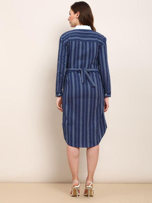 Globus Women Blue & White Striped Print Collared Neck Cuffed Sleeves Curved Hem Shirt Style Midi Workwear Dress