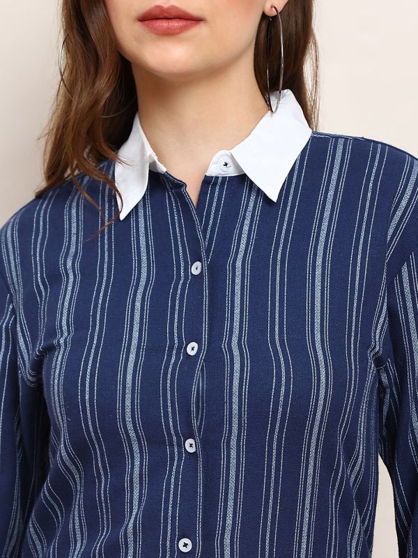 Globus Women Blue & White Striped Print Collared Neck Cuffed Sleeves Curved Hem Shirt Style Midi Workwear Dress