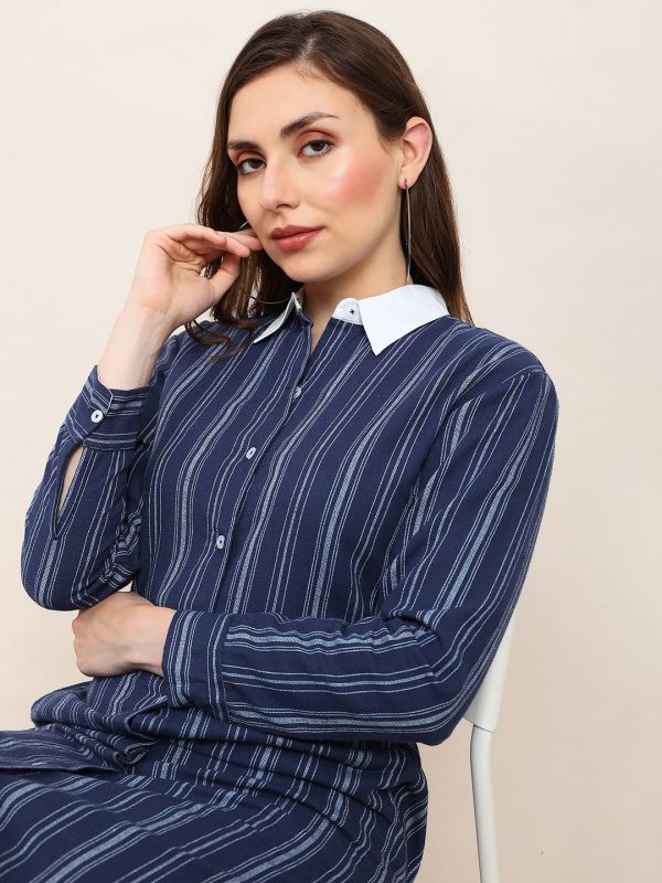 Globus Women Blue & White Striped Print Collared Neck Cuffed Sleeves Curved Hem Shirt Style Midi Workwear Dress