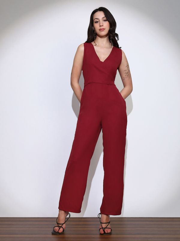 Globus Women Maroon Wrap Neck Sleeveless Tie-Up Back Solid Wide Leg Workwear Jumpsuit