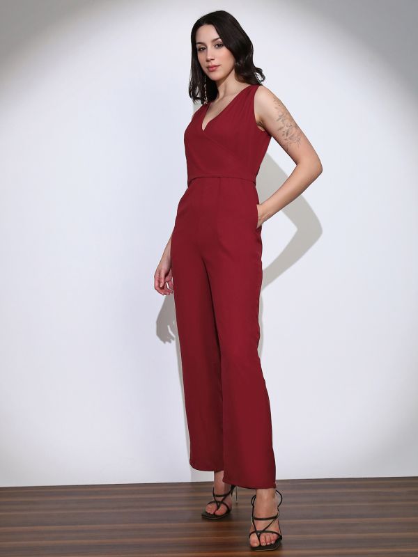 Globus Women Maroon Wrap Neck Sleeveless Tie-Up Back Solid Wide Leg Workwear Jumpsuit