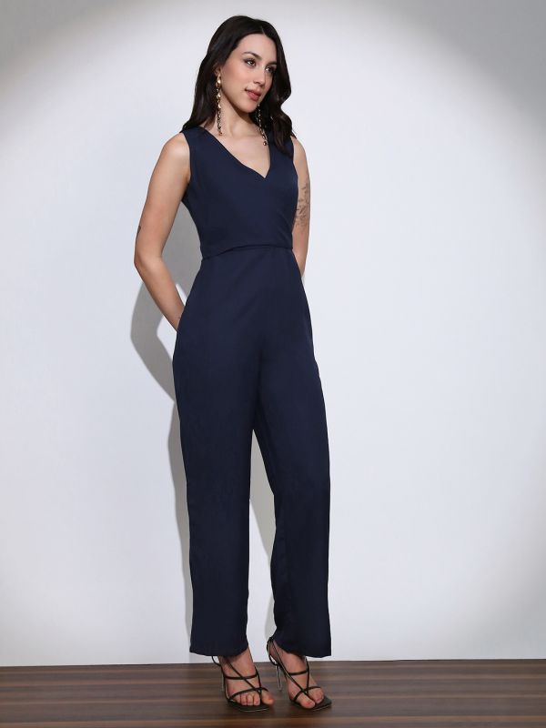 Globus Women Navy Blue Wrap Neck Sleeveless Tie-Up Back Solid Wide Leg Workwear Jumpsuit