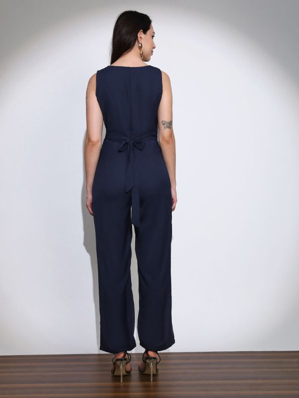 Globus Women Navy Blue Wrap Neck Sleeveless Tie-Up Back Solid Wide Leg Workwear Jumpsuit