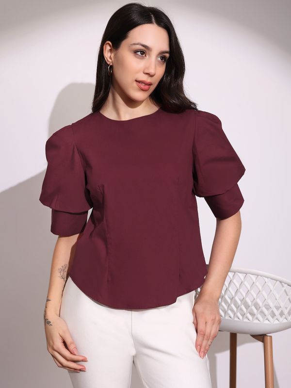 Globus Women Maroon Puff Sleeve Round Neck Back Button Shirt Style Workwear Top
