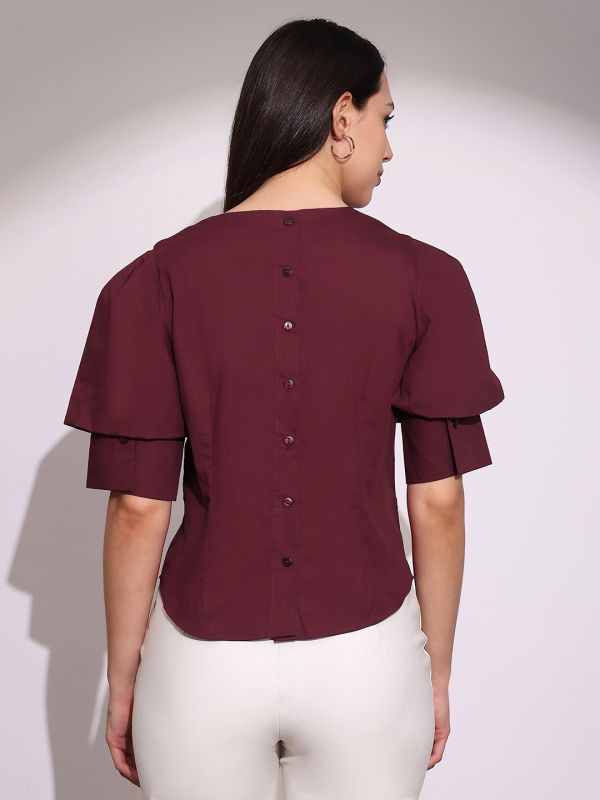 Globus Women Maroon Puff Sleeve Round Neck Back Button Shirt Style Workwear Top