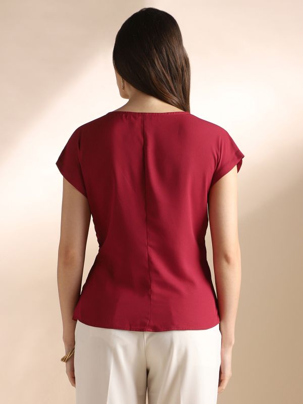 Globus Women Maroon Wrap V-Neck Extended Sleeves Solid Twisted Detail Workwear Top