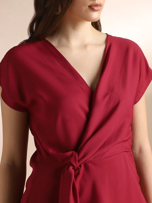 Globus Women Maroon Wrap V-Neck Extended Sleeves Solid Twisted Detail Workwear Top