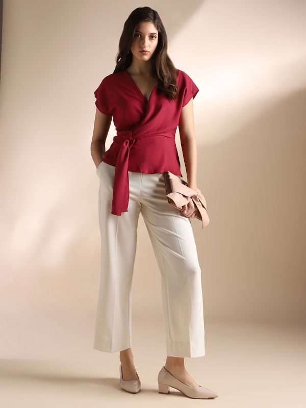 Globus Women Maroon Wrap V-Neck Extended Sleeves Solid Twisted Detail Workwear Top