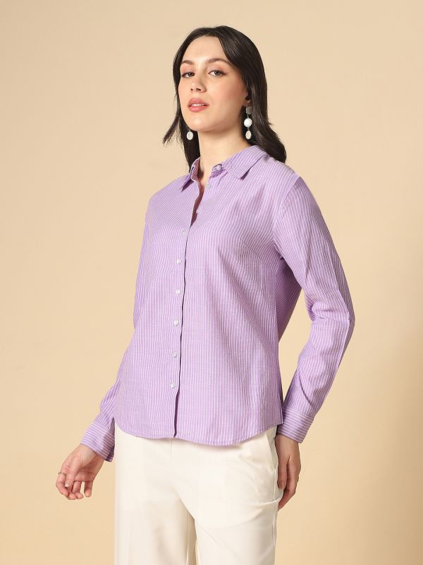 Globus Women Lavender Collared Neck Cuffed Sleeves Vertical Stripes Curved Hem Straight Fit Workwear Shirt