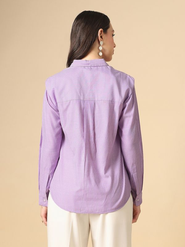 Globus Women Lavender Collared Neck Cuffed Sleeves Vertical Stripes Curved Hem Straight Fit Workwear Shirt