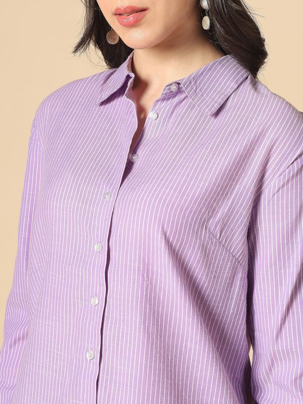 Globus Women Lavender Collared Neck Cuffed Sleeves Vertical Stripes Curved Hem Straight Fit Workwear Shirt