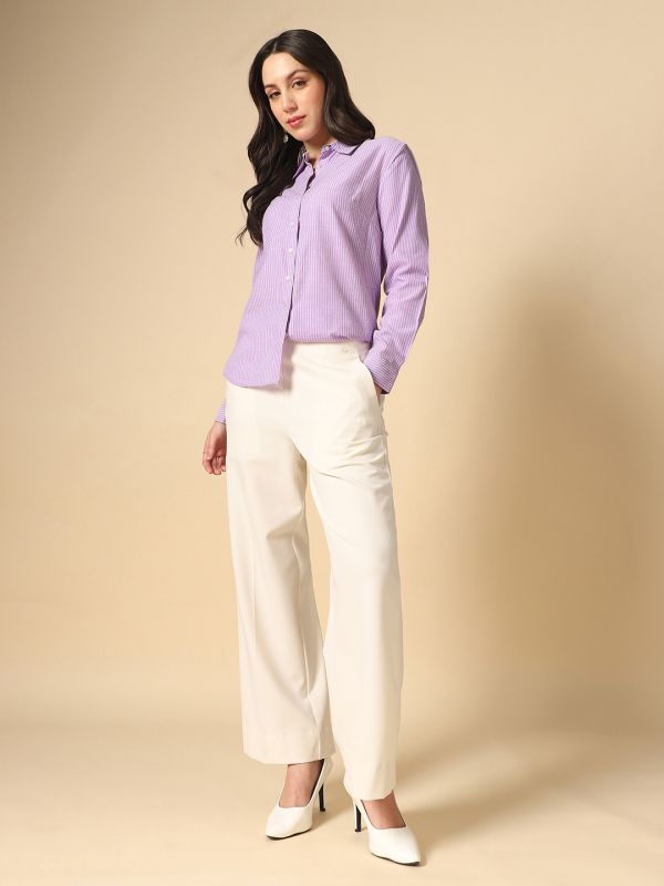 Globus Women Lavender Collared Neck Cuffed Sleeves Vertical Stripes Curved Hem Straight Fit Workwear Shirt