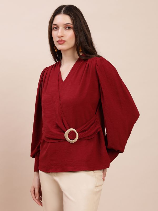 Globus Women Maroon V-Neck Cuff Sleeves Self Design Buckle Detail Workwear Top