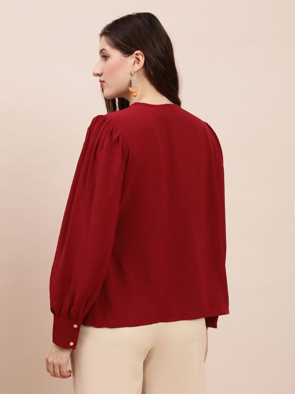 Globus Women Maroon V-Neck Cuff Sleeves Self Design Buckle Detail Workwear Top