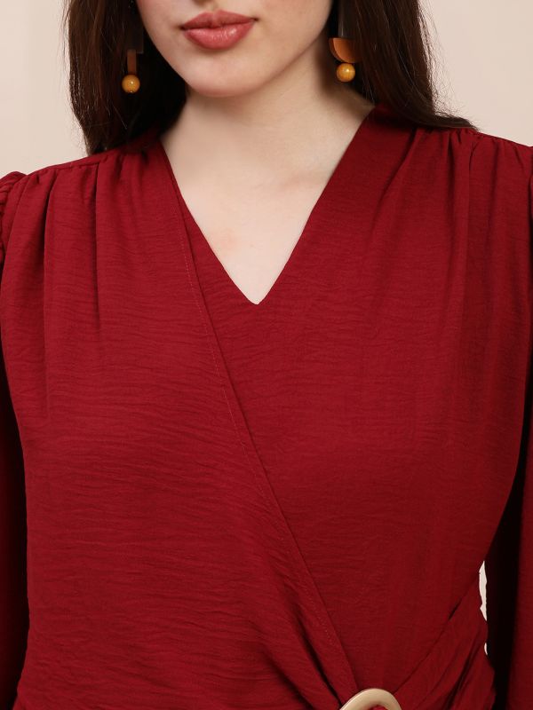 Globus Women Maroon V-Neck Cuff Sleeves Self Design Buckle Detail Workwear Top