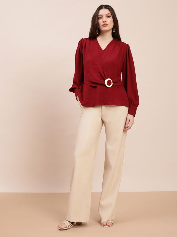 Globus Women Maroon V-Neck Cuff Sleeves Self Design Buckle Detail Workwear Top
