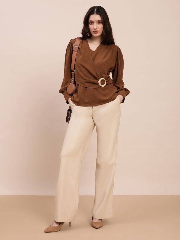 Globus Women Brown V-Neck Cuff Sleeves Self Design Buckle Detail Workwear Top
