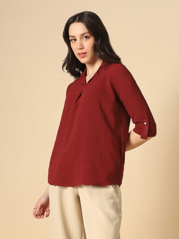 Globus Women Maroon Cuban Collar Roll Up Sleeves Shirt Style Workwear Shirt