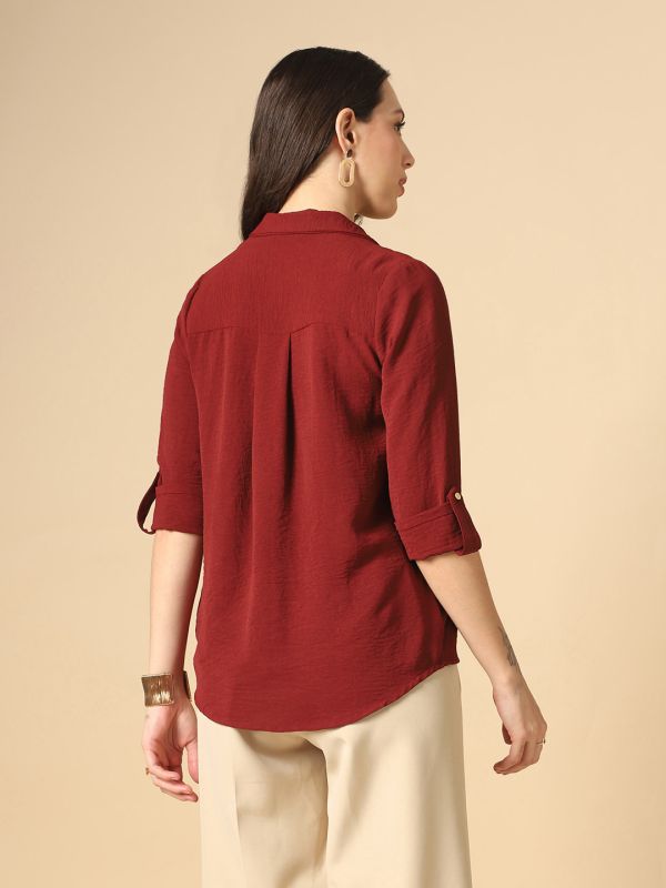 Globus Women Maroon Cuban Collar Roll Up Sleeves Shirt Style Workwear Shirt