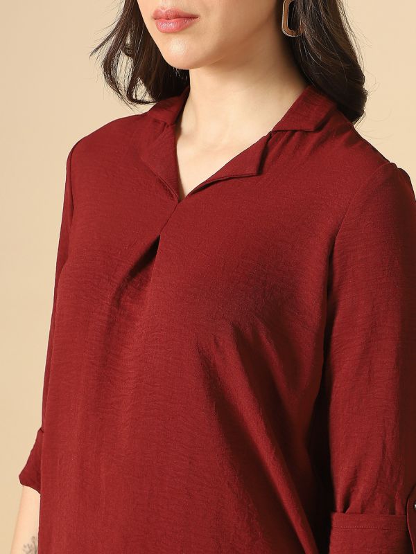 Globus Women Maroon Cuban Collar Roll Up Sleeves Shirt Style Workwear Shirt