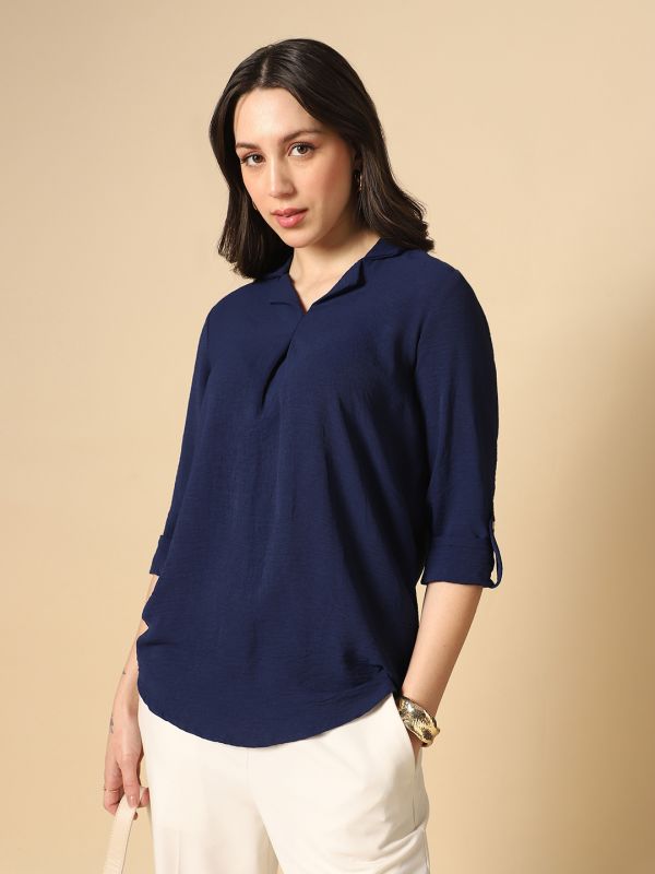 Globus Women Navy Blue Cuban Collar Roll Up Sleeves Shirt Style Workwear Shirt