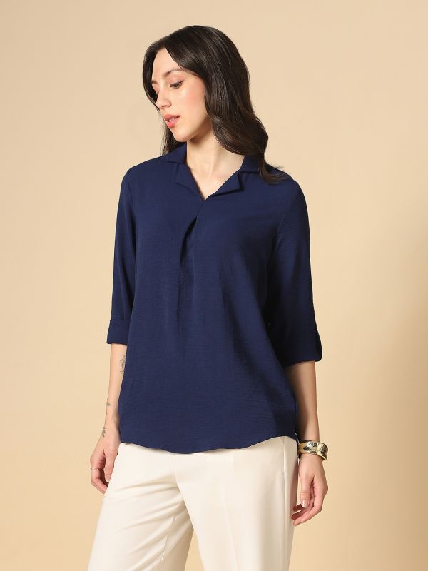 Globus Women Navy Blue Cuban Collar Roll Up Sleeves Shirt Style Workwear Shirt