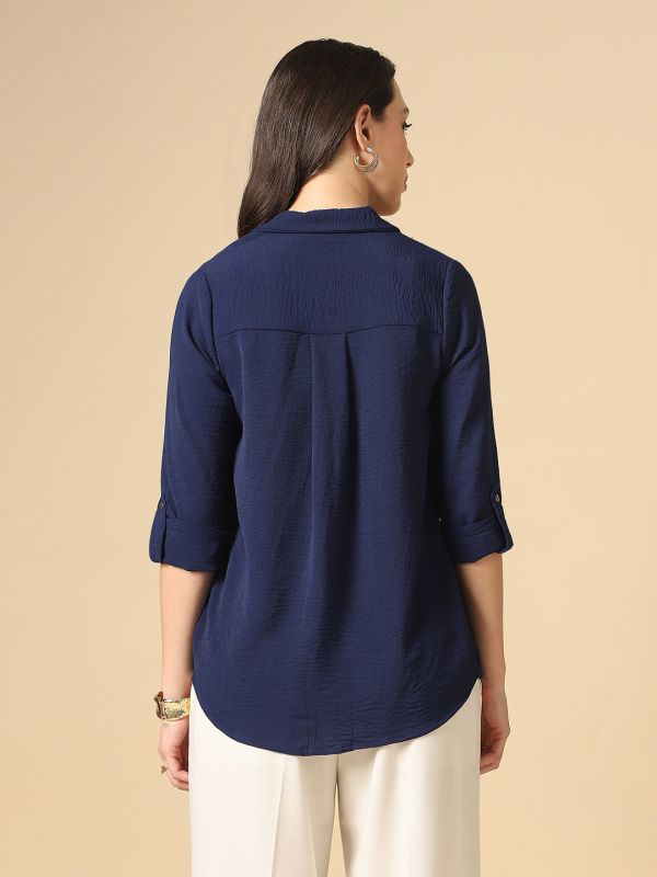 Globus Women Navy Blue Cuban Collar Roll Up Sleeves Shirt Style Workwear Shirt