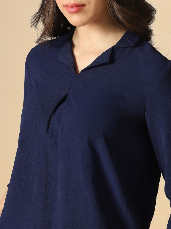 Globus Women Navy Blue Cuban Collar Roll Up Sleeves Shirt Style Workwear Shirt