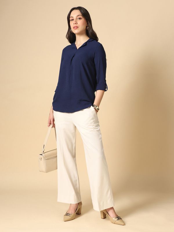 Globus Women Navy Blue Cuban Collar Roll Up Sleeves Shirt Style Workwear Shirt