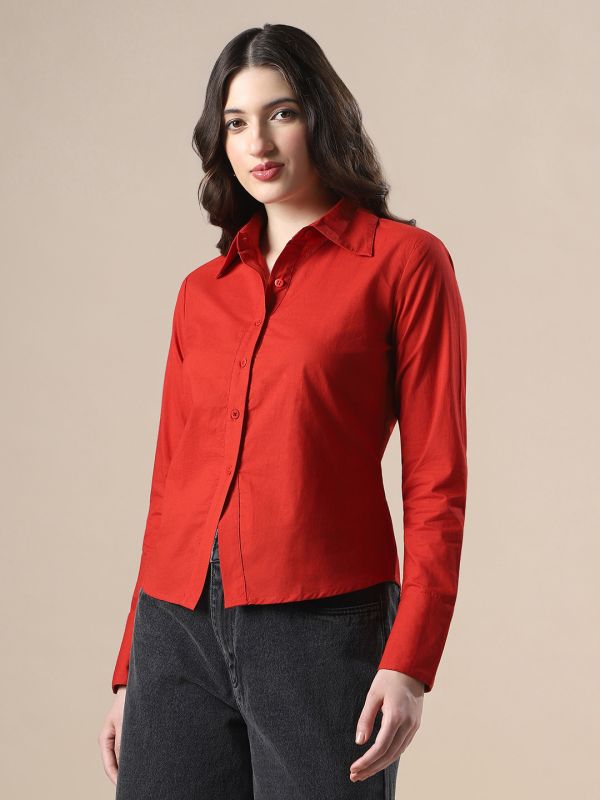 Globus Women Maroon Shirt Collar Cuffed Sleeves Backed Tie-Ups Workwear Shirt