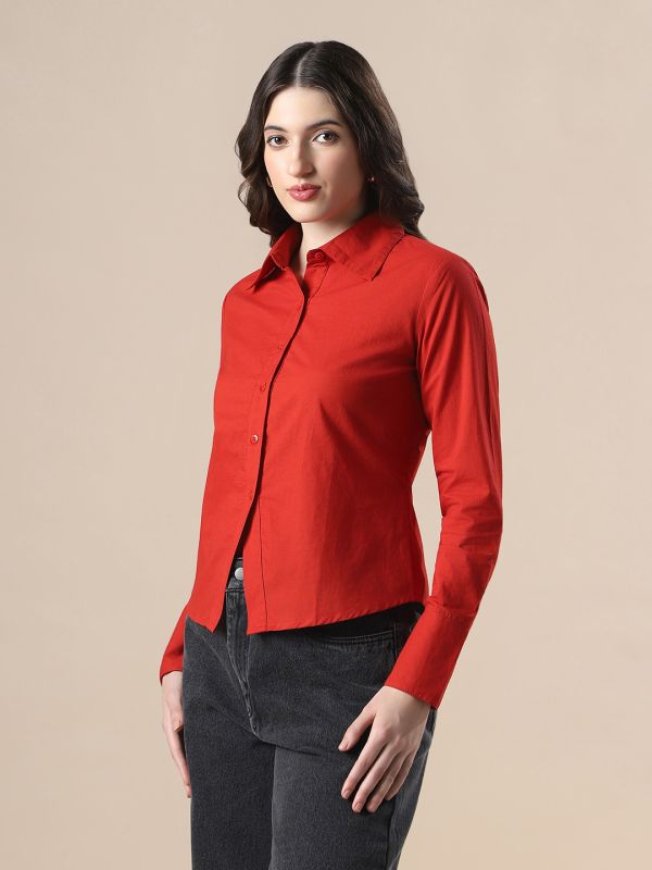 Globus Women Maroon Shirt Collar Cuffed Sleeves Backed Tie-Ups Workwear Shirt