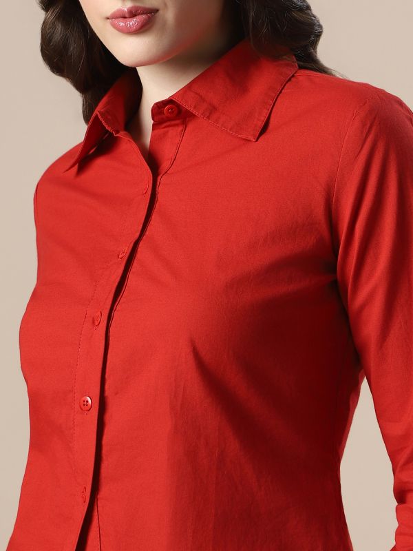Globus Women Maroon Shirt Collar Cuffed Sleeves Backed Tie-Ups Workwear Shirt