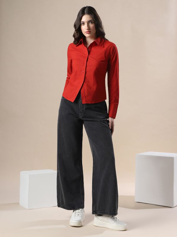 Globus Women Maroon Shirt Collar Cuffed Sleeves Backed Tie-Ups Workwear Shirt