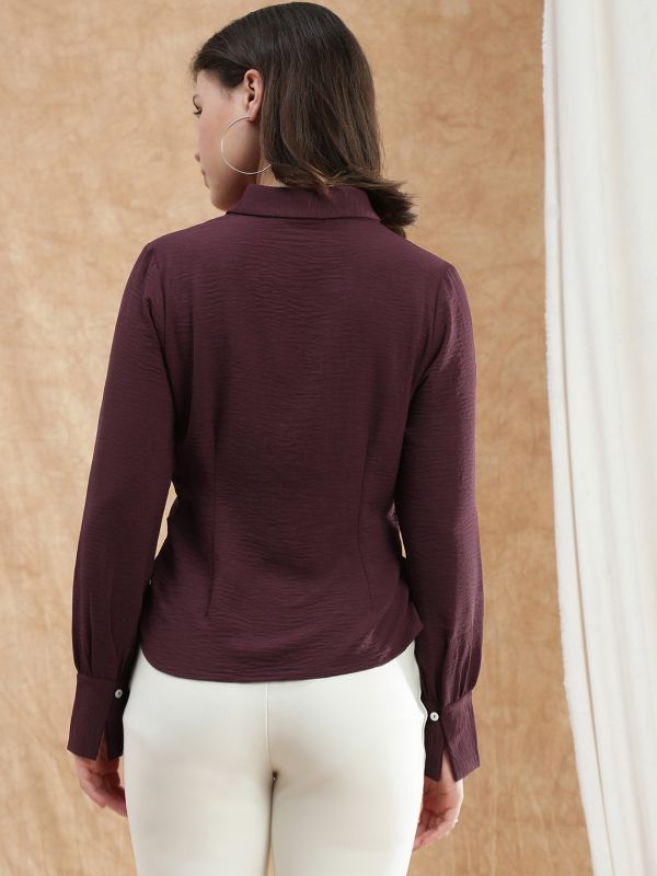 Globus Women Maroon Spread Collar Cuffed Sleeve Twisted Detail Formal Shirt