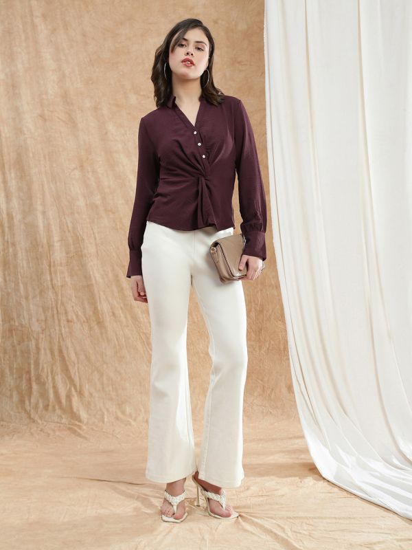 Globus Women Maroon Spread Collar Cuffed Sleeve Twisted Detail Formal Shirt