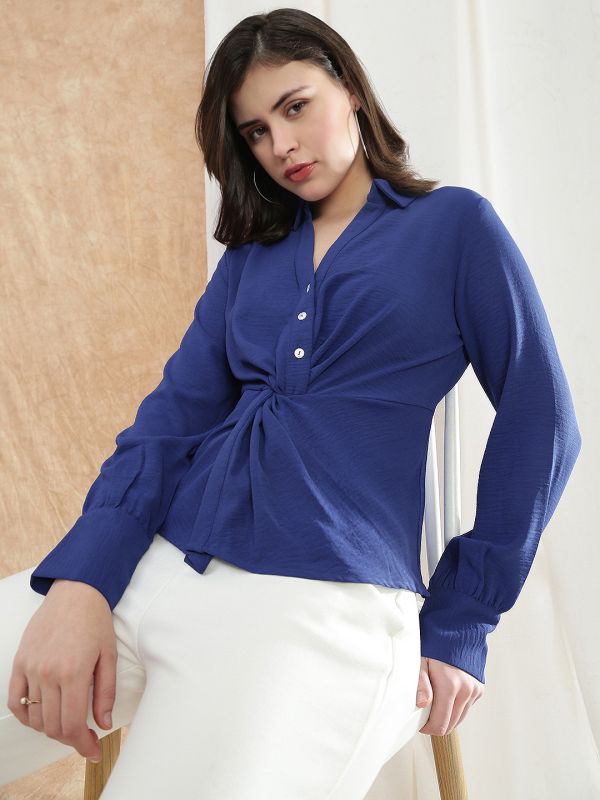 Globus Women Blue Spread Collar Cuffed Sleeve Twisted Detail Formal Shirt
