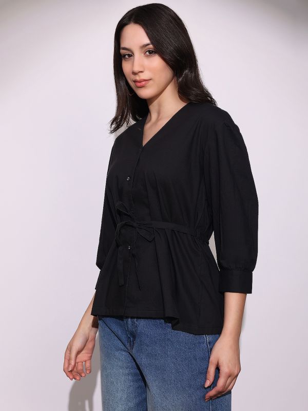 Globus Women Black V-Neck Cuffed Sleeves Tie-Up Detail Workwear Tailored Fit Shirt