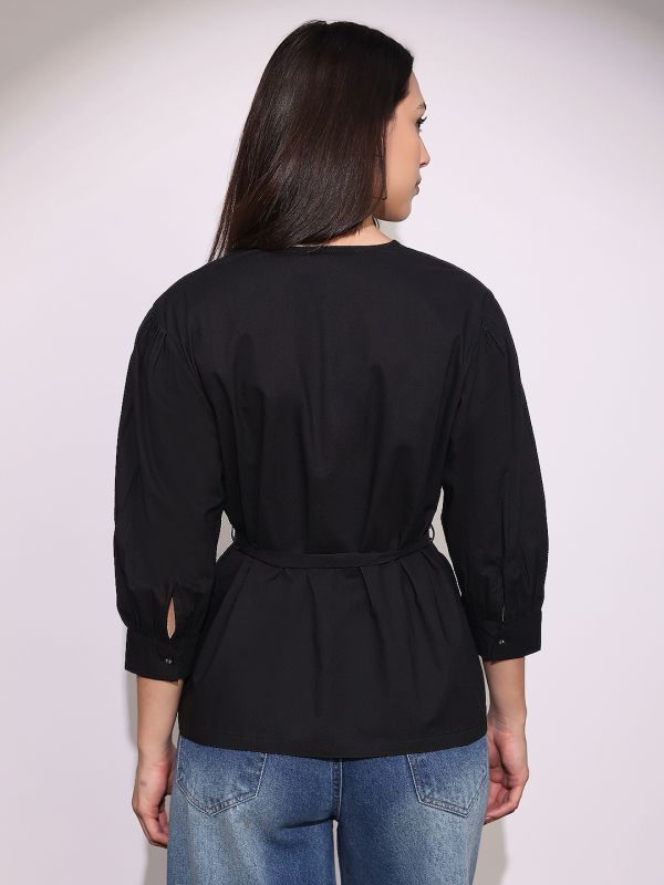 Globus Women Black V-Neck Cuffed Sleeves Tie-Up Detail Workwear Tailored Fit Shirt