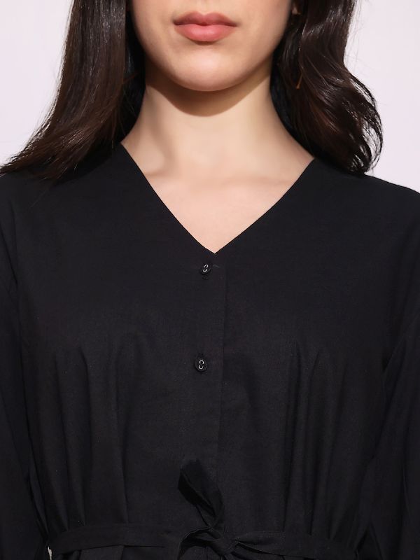 Globus Women Black V-Neck Cuffed Sleeves Tie-Up Detail Workwear Tailored Fit Shirt