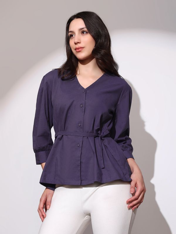 Globus Women Purple V-Neck Cuffed Sleeves Tie-Up Detail Workwear Tailored Fit Shirt